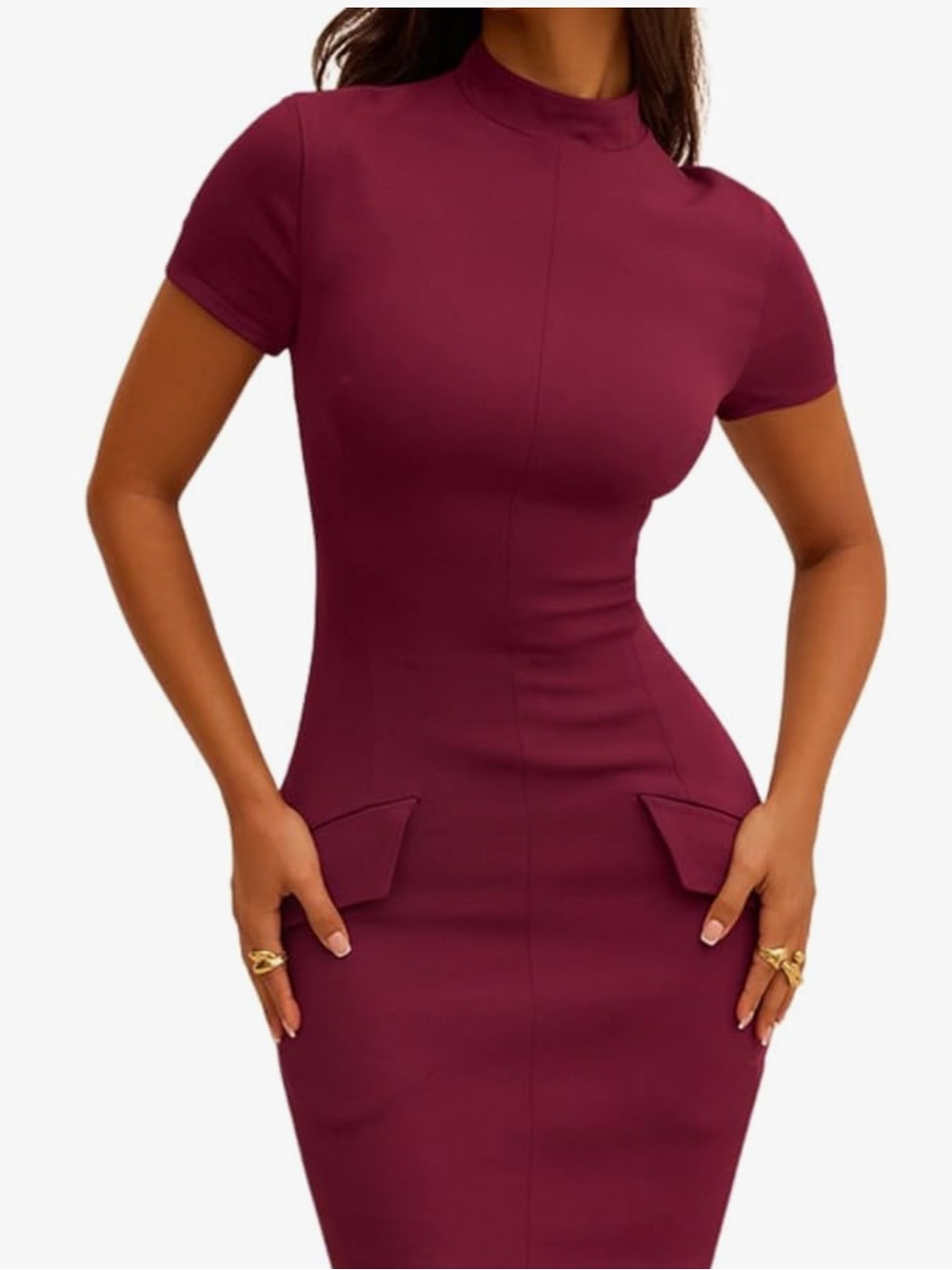 Mock Neck Burgundy Mini Bodycon Dress with Pocket Detail